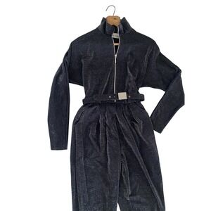 Vtg The Icing Sparkle Jumpsuit S Dark Gray Black Stirrups Belted Long Sleeve